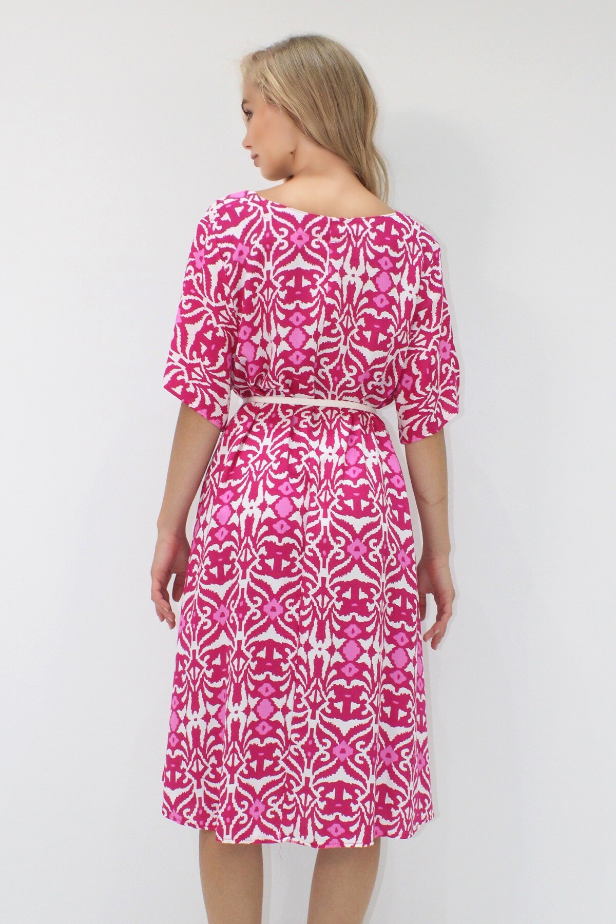 Fuşya Bisiklet Yaka Desenli Rahat Kalıp Dokuma Viskon Elbise