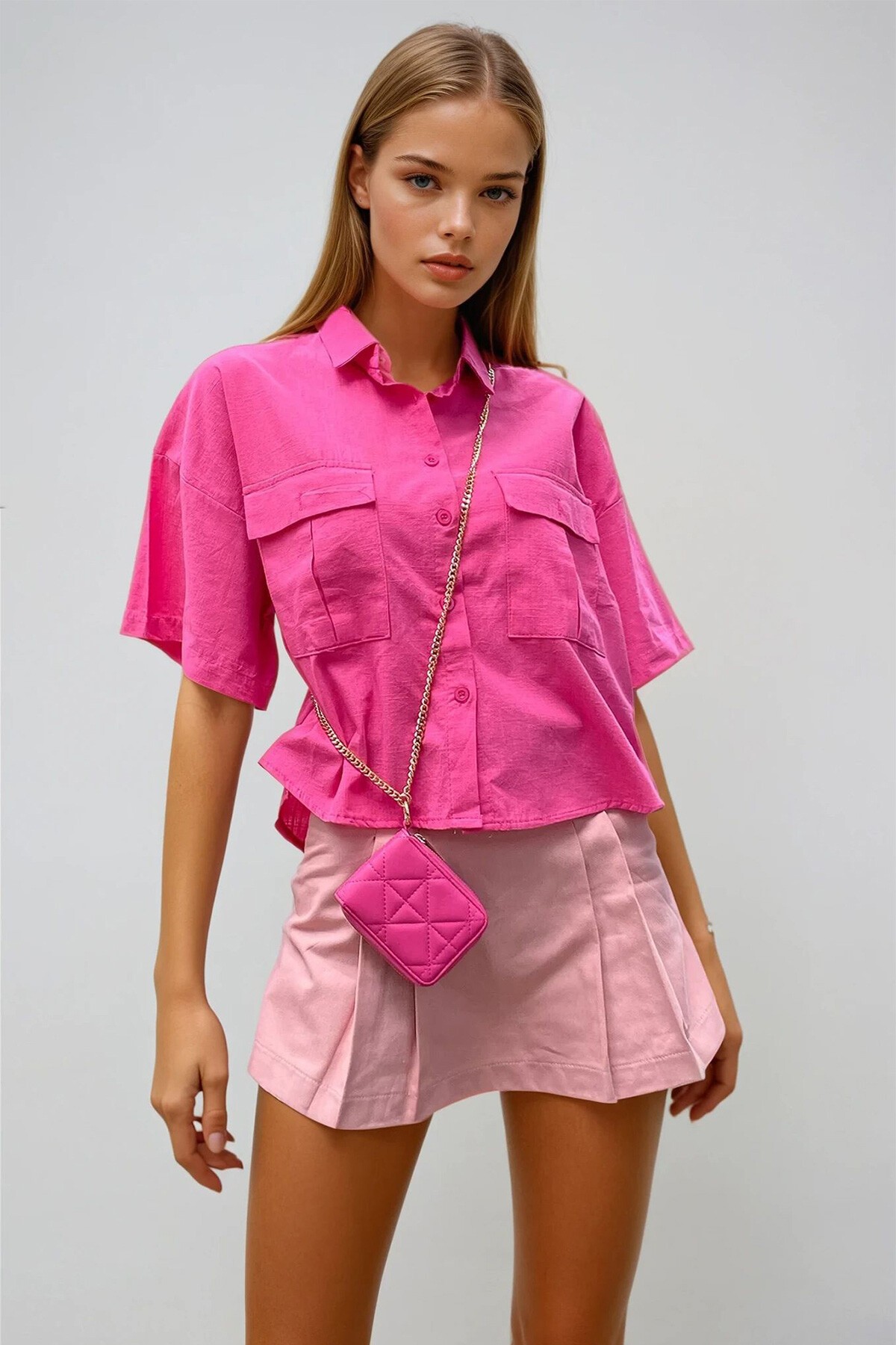 Fuşya Çift Cepli Yarım Kol Keten Gömlek