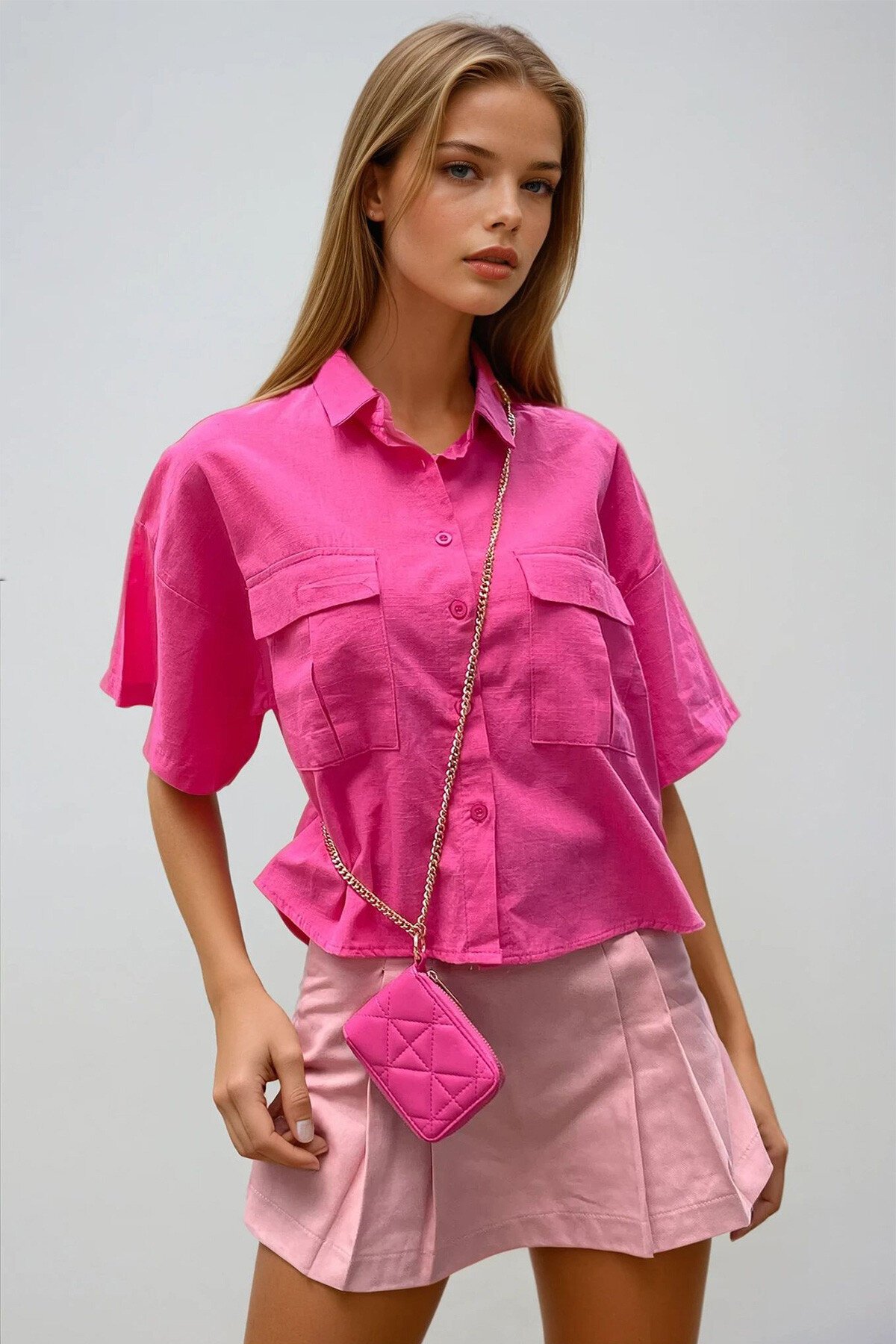 Fuşya Çift Cepli Yarım Kol Keten Gömlek