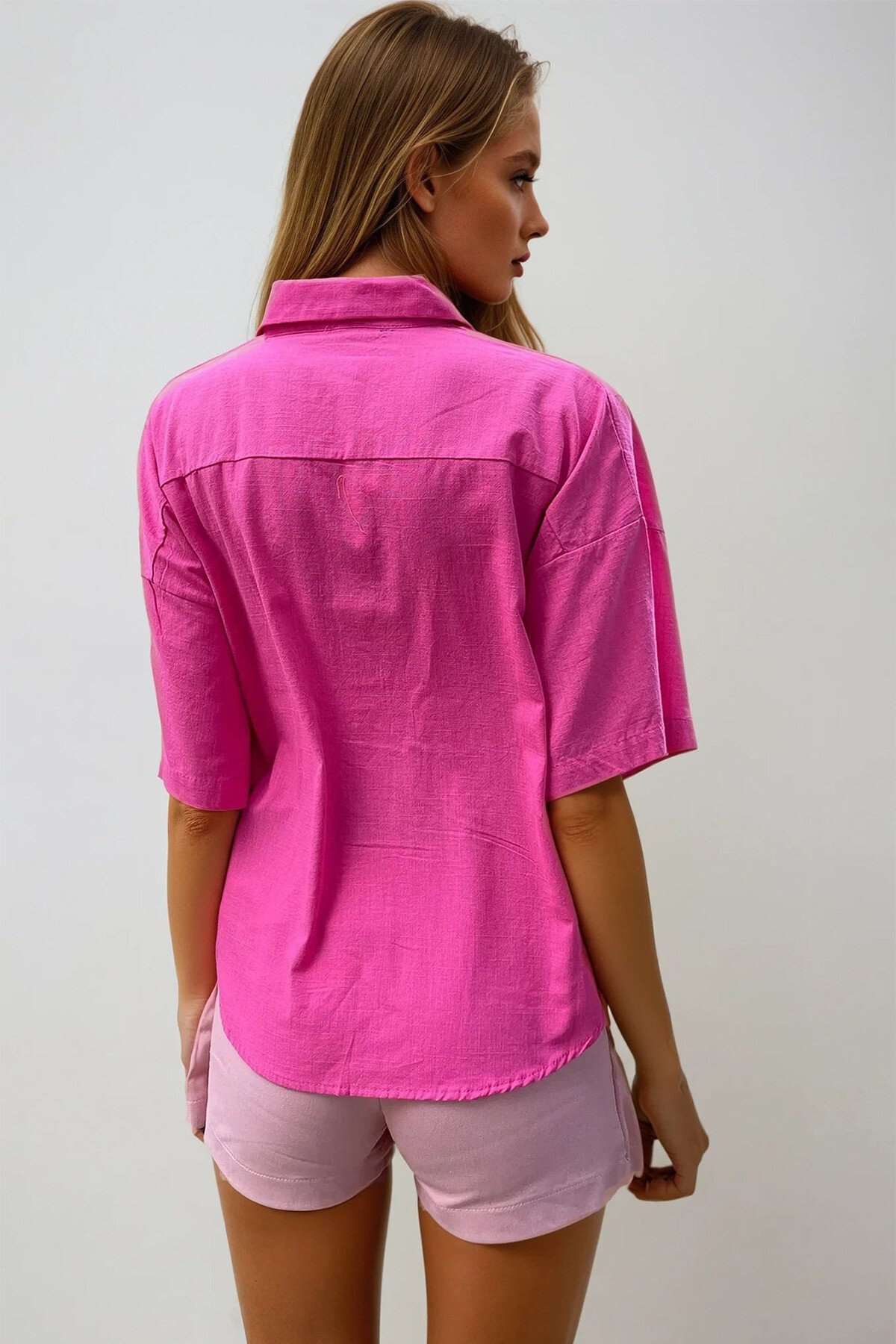 Fuşya Çift Cepli Yarım Kol Keten Gömlek