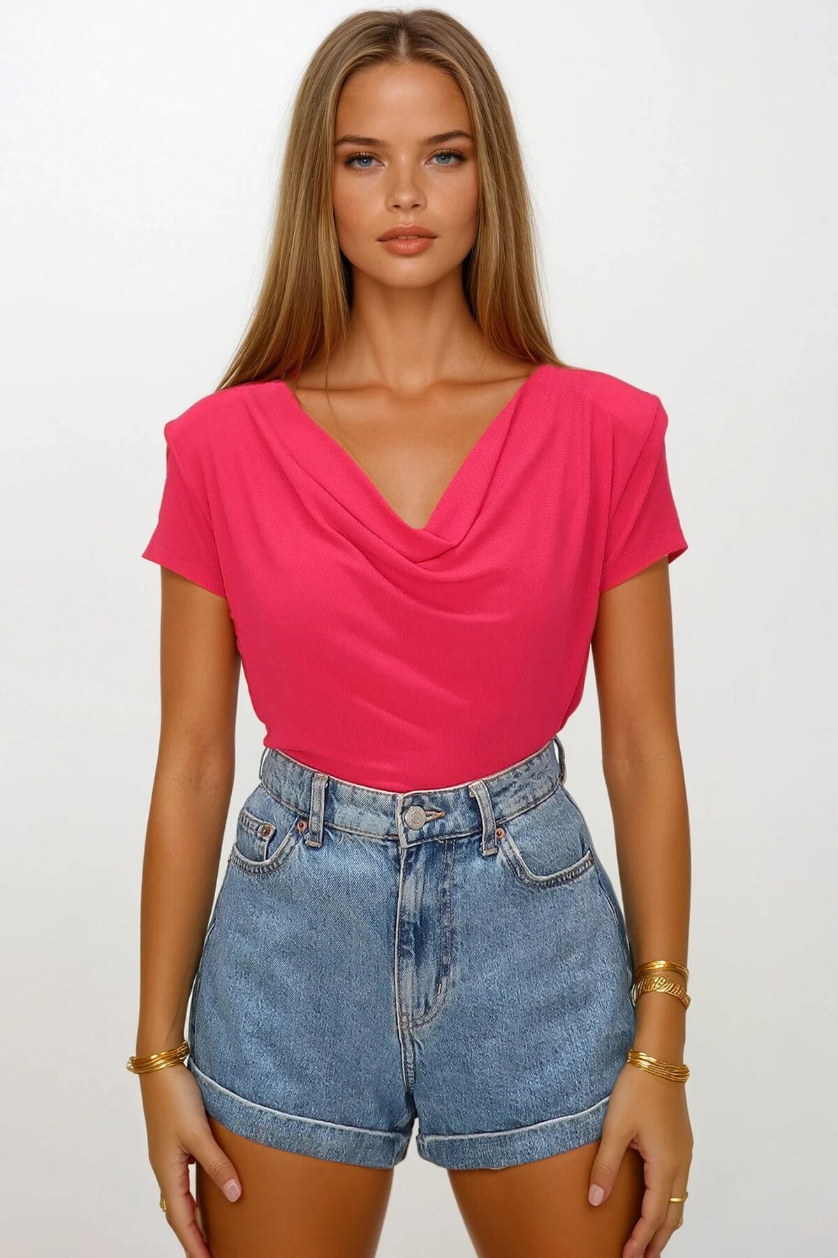 Fuşya Degaje Yaka Dökümlü Vatkalı Örme Bluz