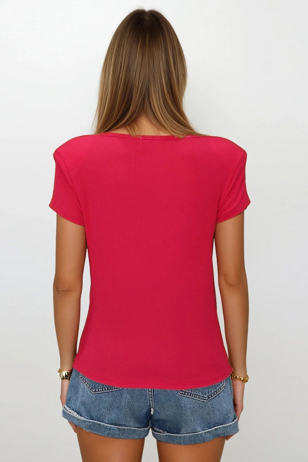 Fuşya Degaje Yaka Dökümlü Vatkalı Örme Bluz