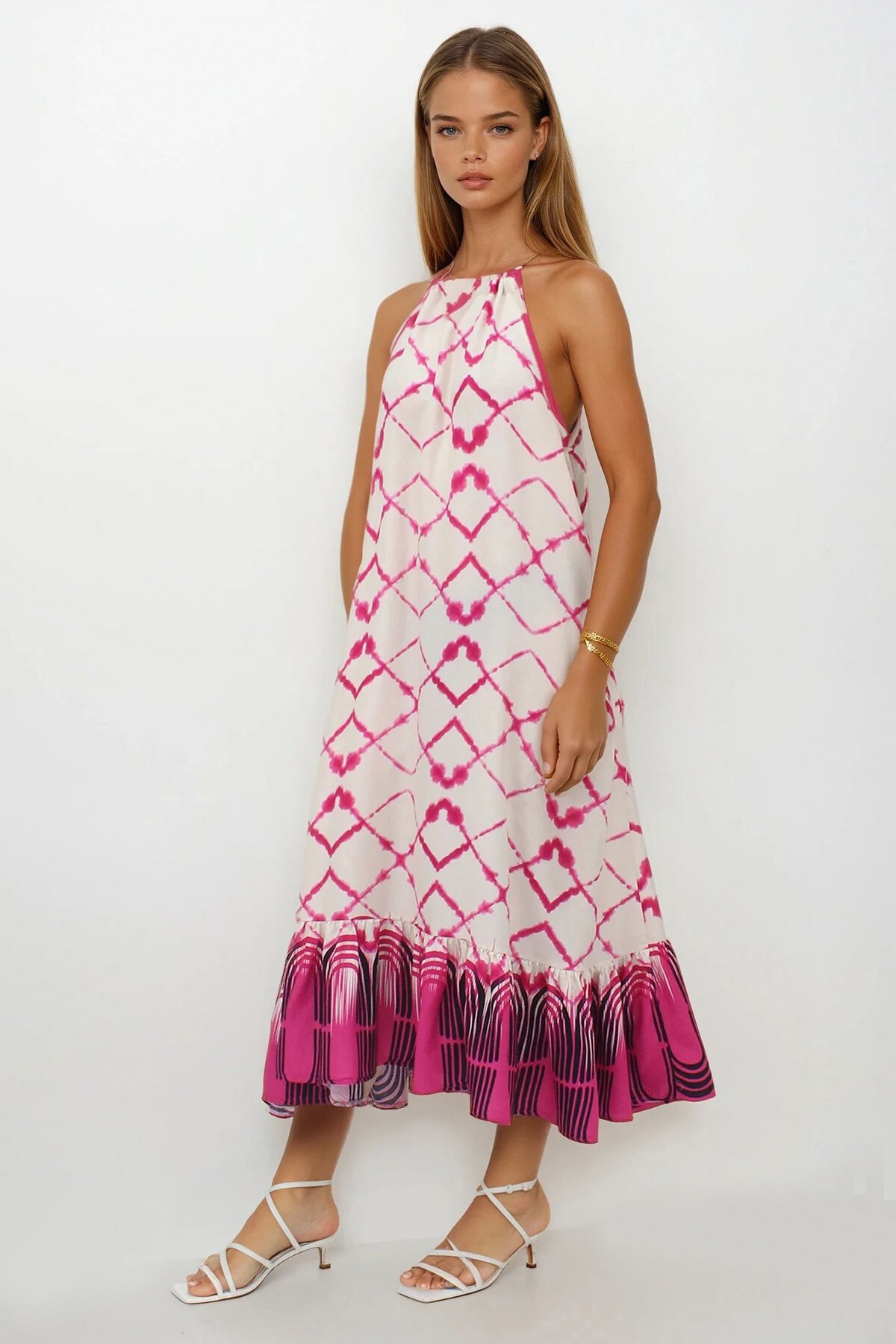 Fuşya Desenli  Bağlamalı Eteği Fileli Maxi Boy Çift Cepli Elbise Elbise