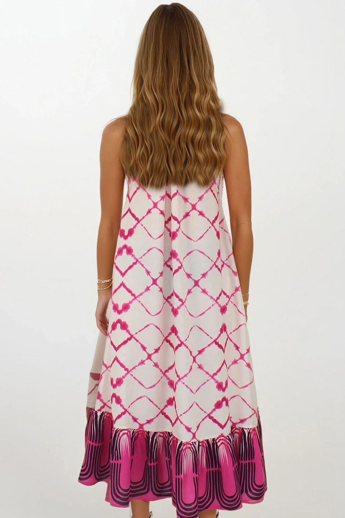 Fuşya Desenli  Bağlamalı Eteği Fileli Maxi Boy Çift Cepli Elbise Elbise