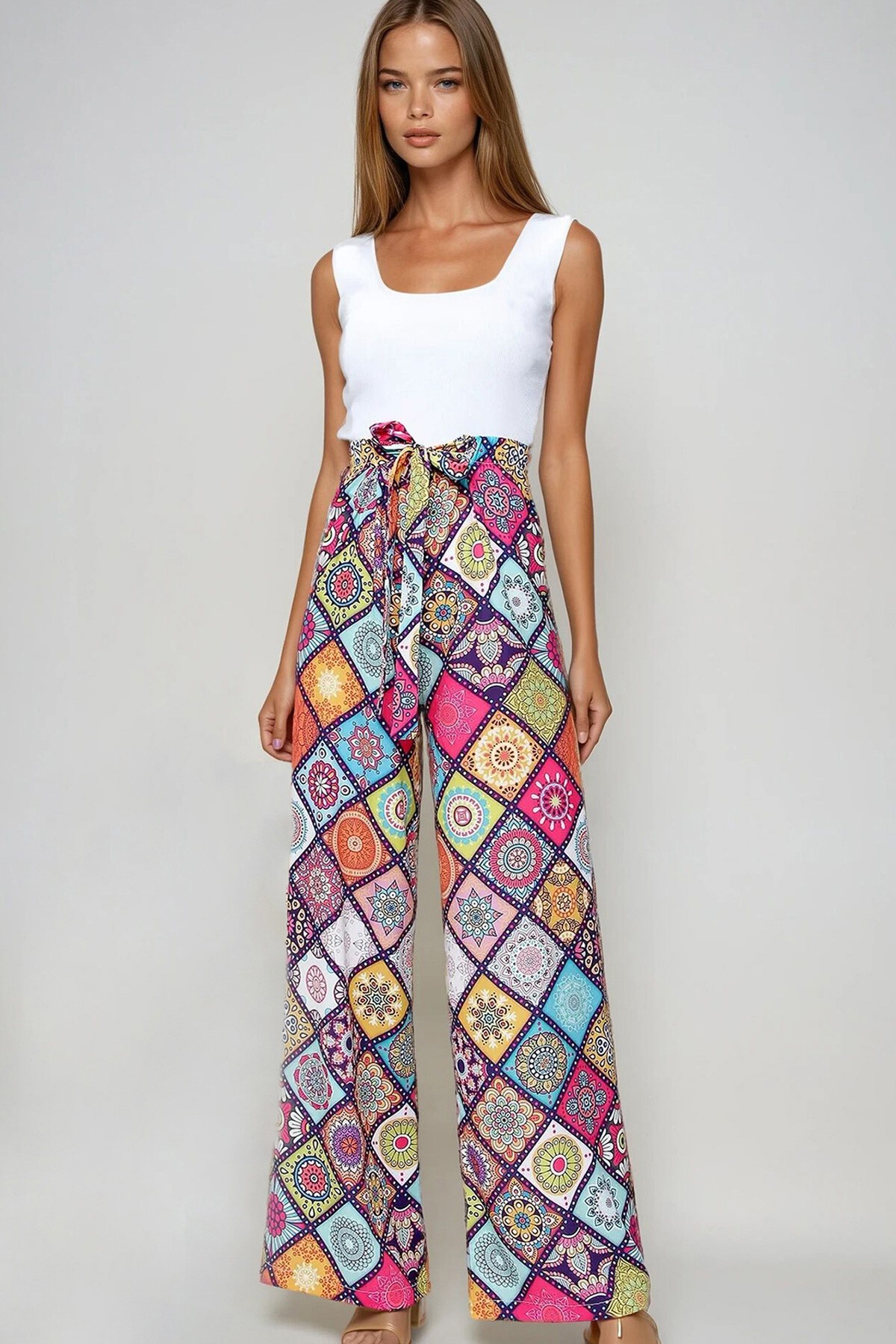 Fuşya Desenli Rahat Kesim Pantolon