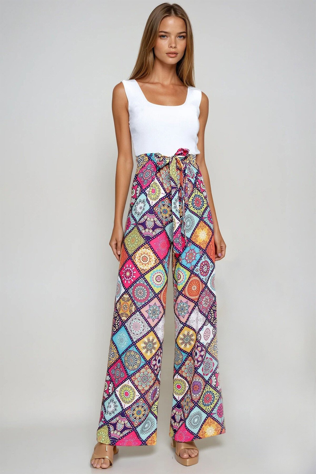 Fuşya Desenli Rahat Kesim Pantolon