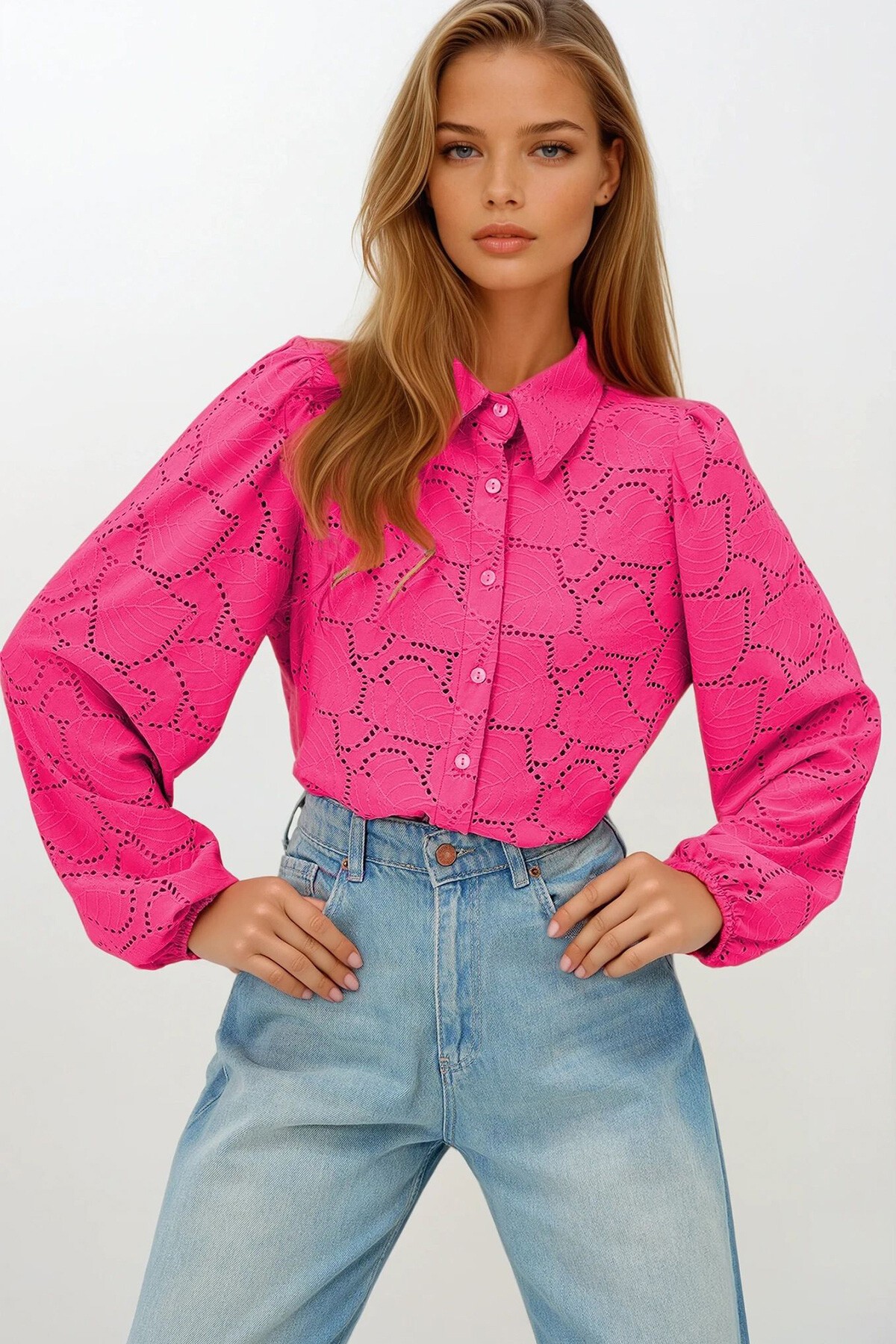 Fuşya Güpür Dokuma Premıum Gömlek