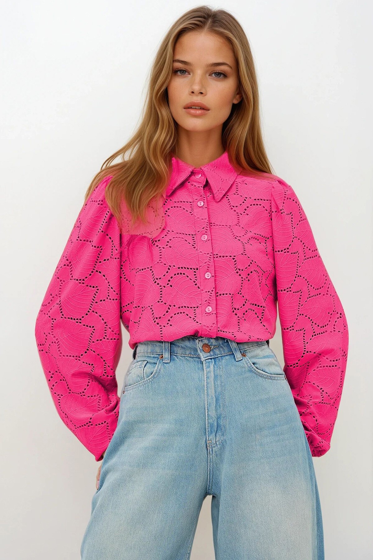 Fuşya Güpür Dokuma Premıum Gömlek