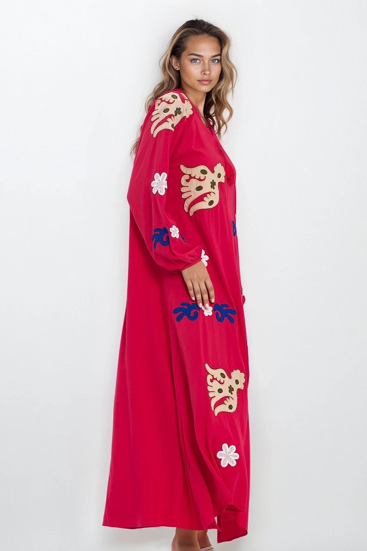 Fuşya Hakim Yaka Bağcıklı Kolları Lastikli Desenli Büyük Beden Elbise