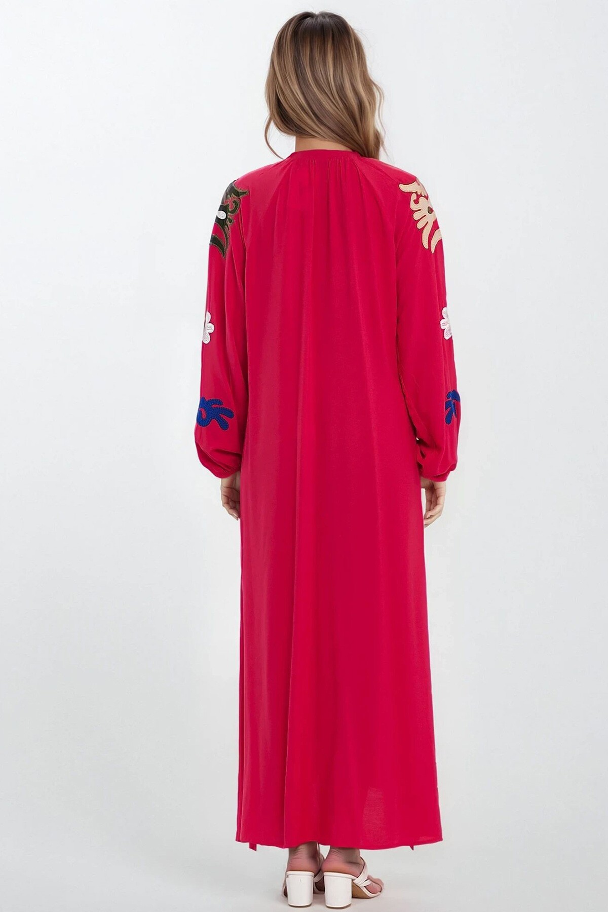 Fuşya Hakim Yaka Bağcıklı Kolları Lastikli Desenli Büyük Beden Elbise