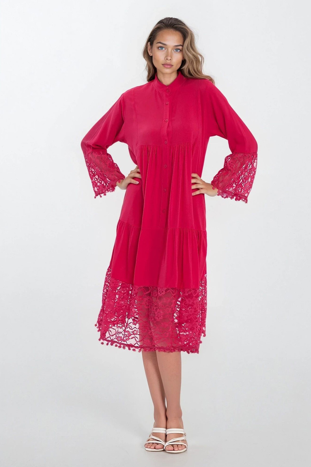 Fuşya Hakim Yaka Önü Düğmeli Dantelli Viskon Elbise