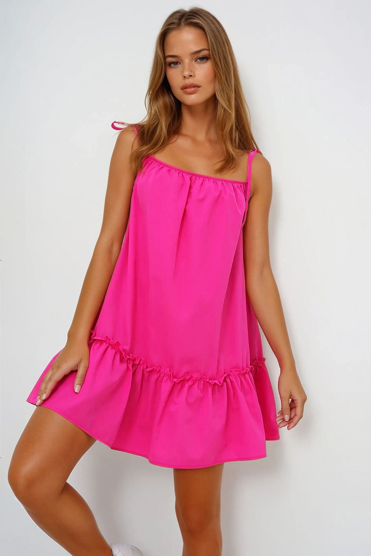 Fuşya İp Askılı Eteği Volanlı Terry Cotton Keten Elbise