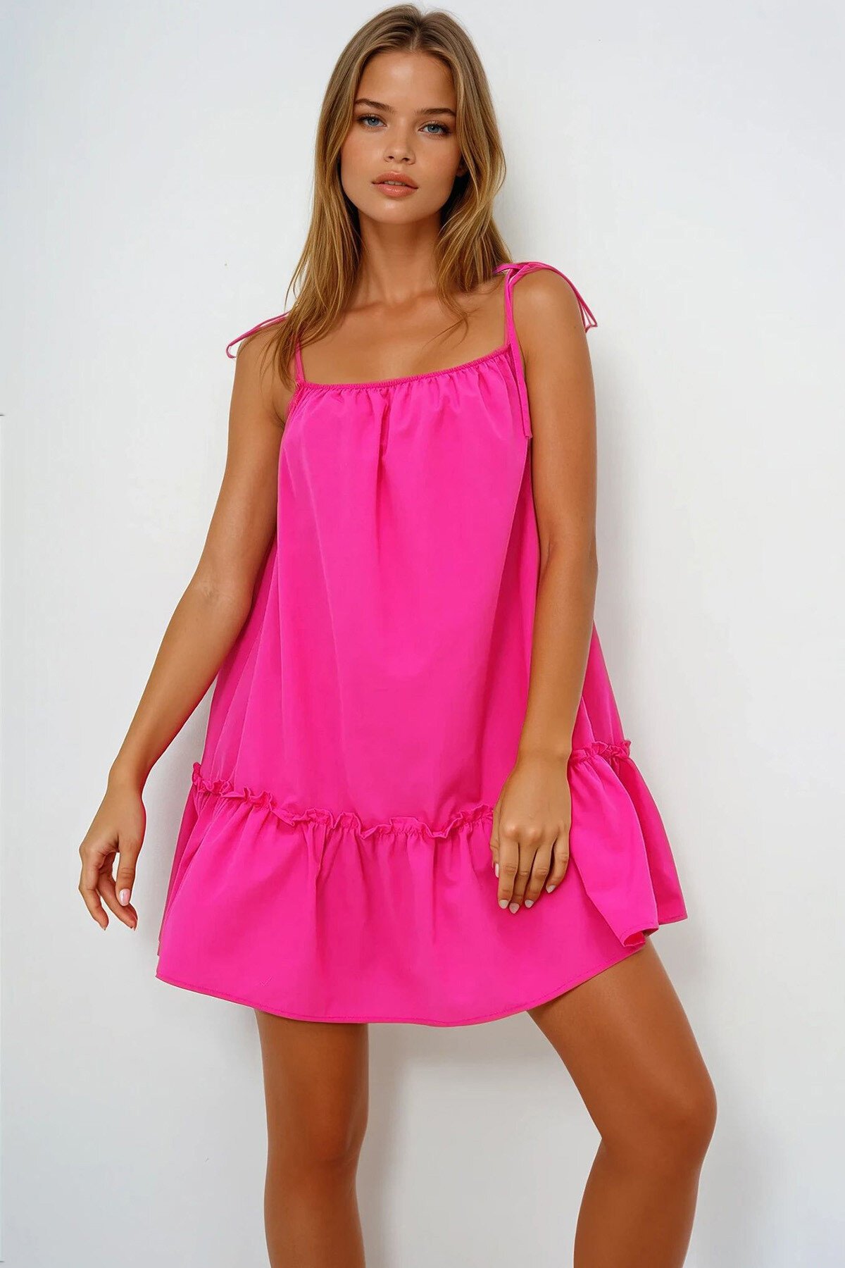 Fuşya İp Askılı Eteği Volanlı Terry Cotton Keten Elbise