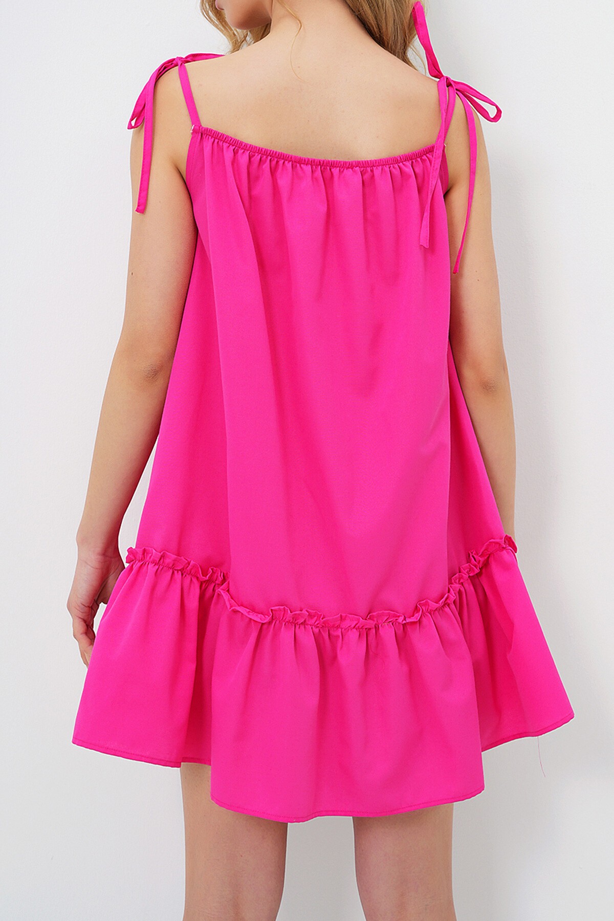 Fuşya İp Askılı Eteği Volanlı Terry Cotton Keten Elbise