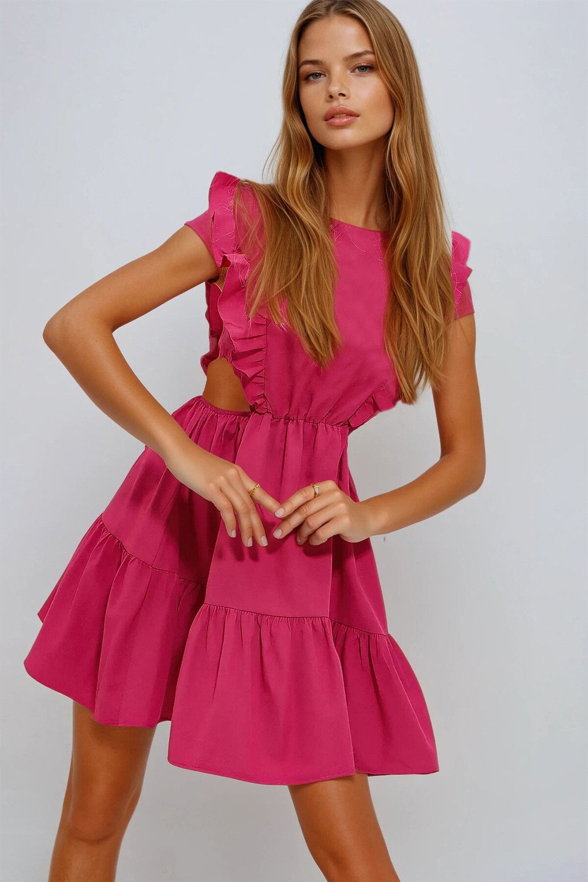 Fuşya Kayık Yaka Beli Dekolteli Yanları Volanlı Poplin Elbise