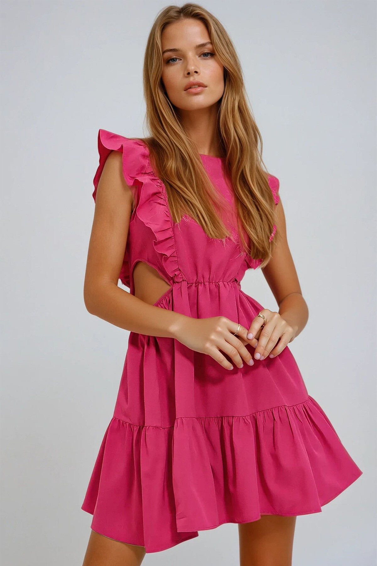 Fuşya Kayık Yaka Beli Dekolteli Yanları Volanlı Poplin Elbise