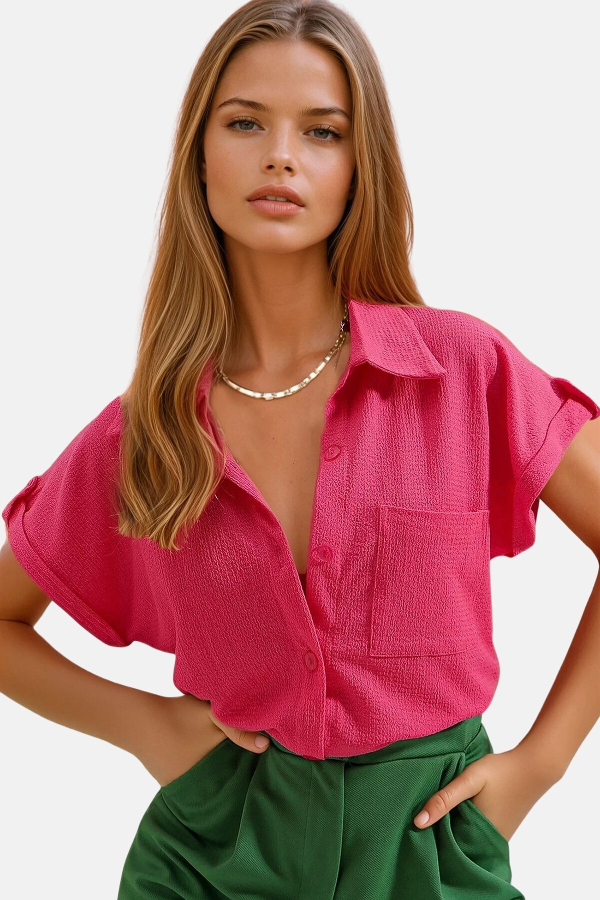 Fuşya Manşetli Duble Kısa Kollu Dokulu Gömlek