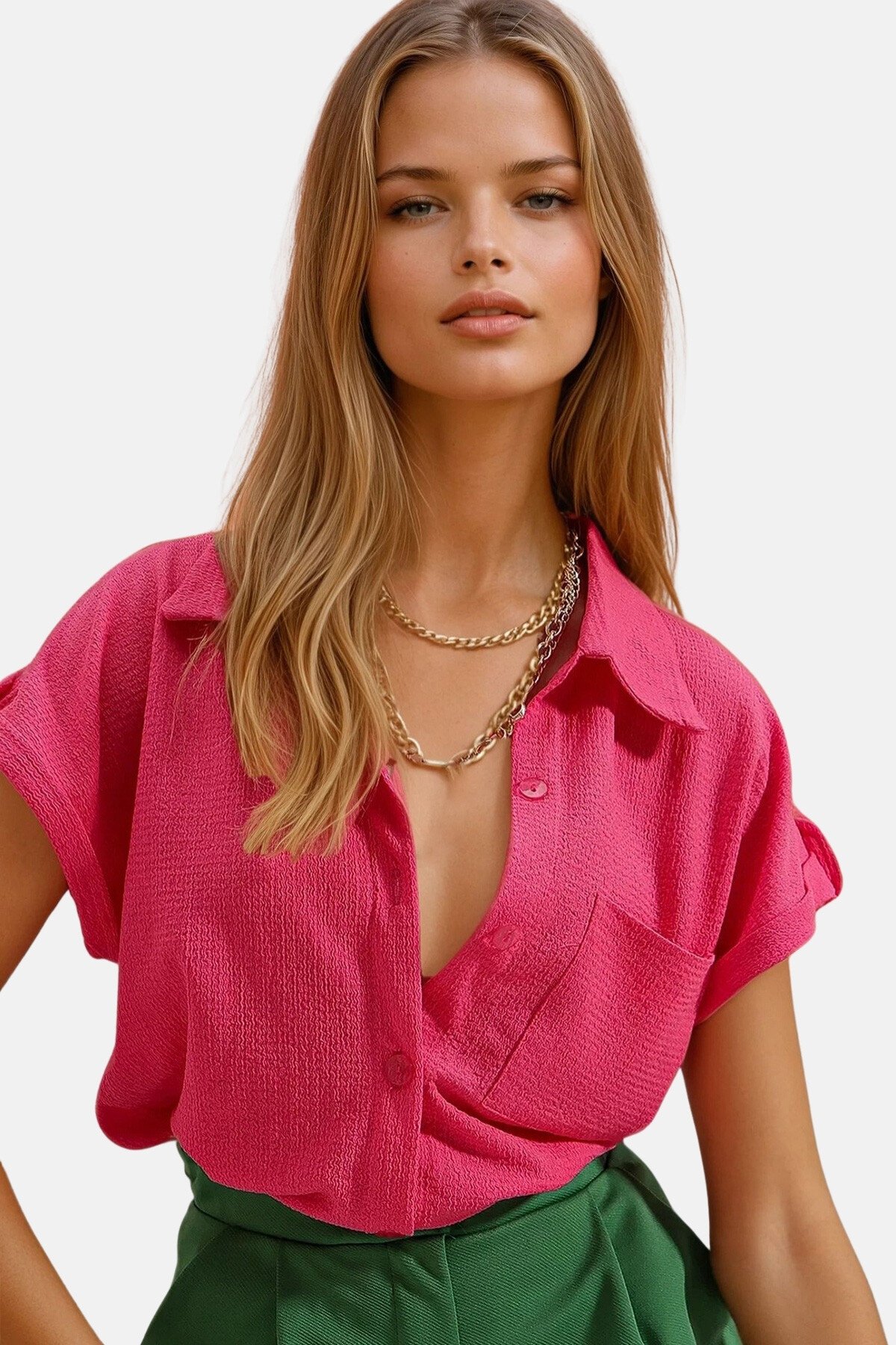 Fuşya Manşetli Duble Kısa Kollu Dokulu Gömlek