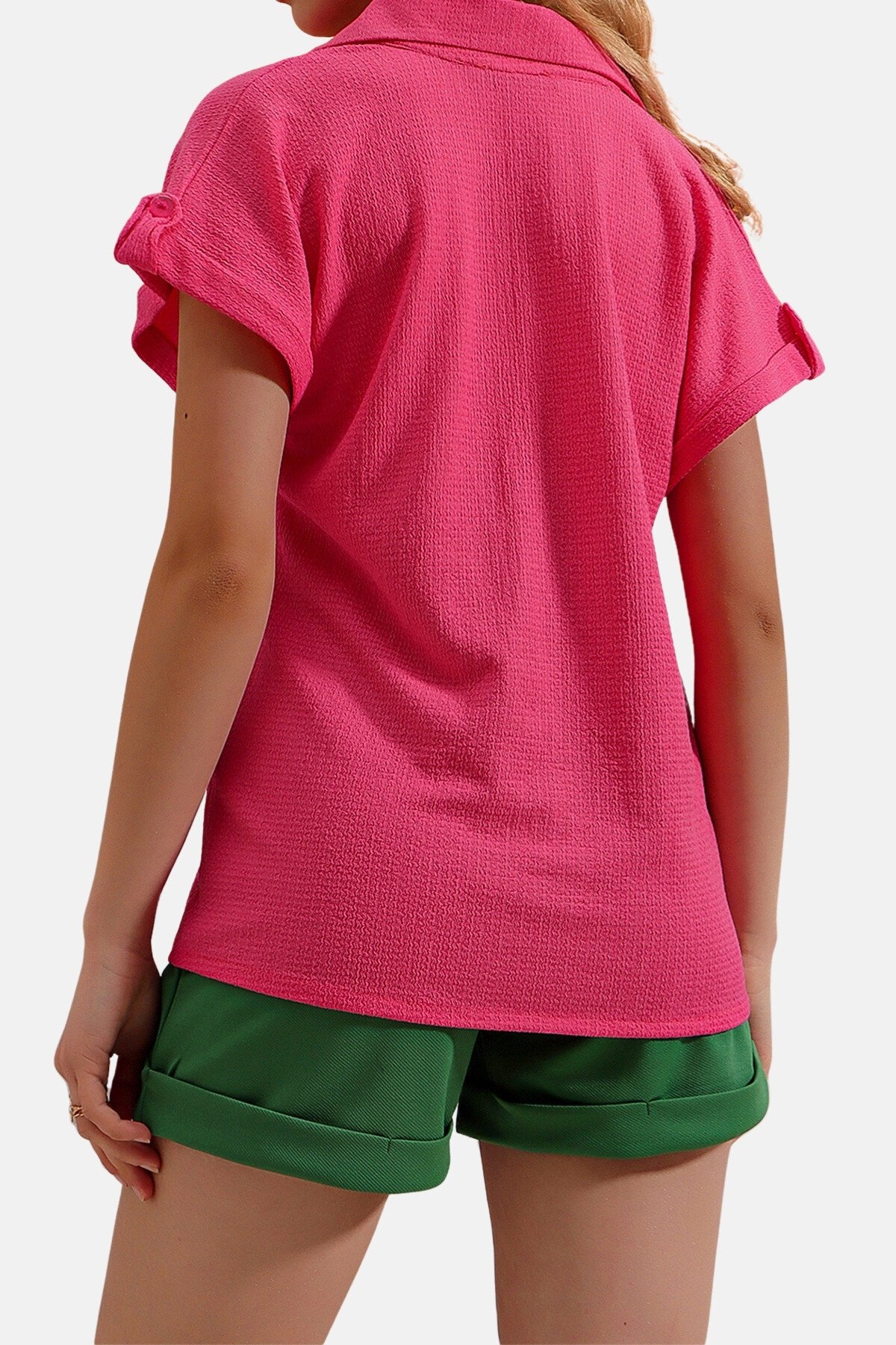 Fuşya Manşetli Duble Kısa Kollu Dokulu Gömlek