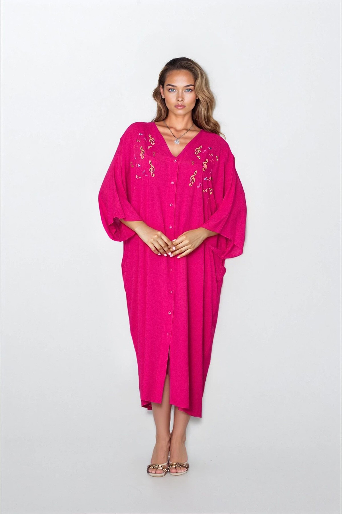 Fuşya Önü Düğmeli Çift Cepli Büyük Beden Viskon Elbise