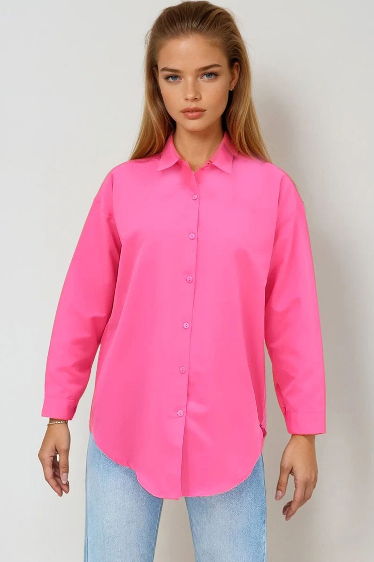 Fuşya Oversize Uzun Dokuma Gömlek