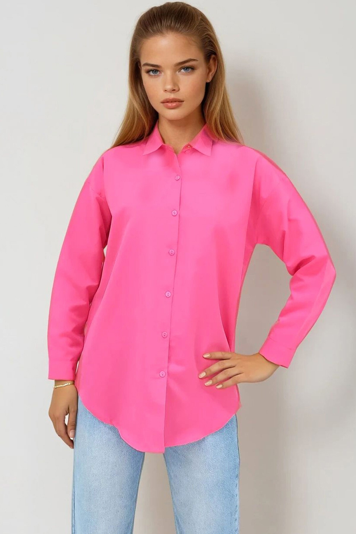 Fuşya Oversize Uzun Dokuma Gömlek
