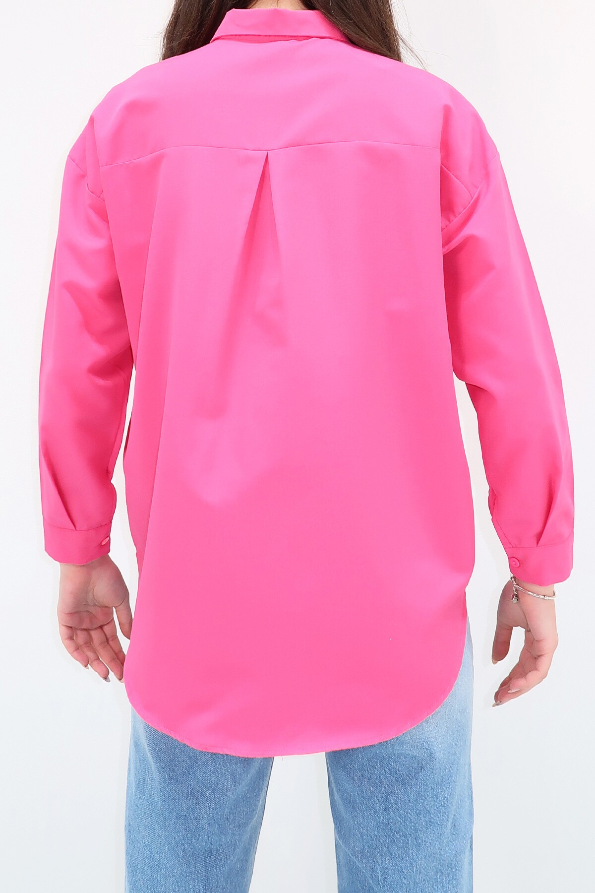 Fuşya Oversize Uzun Dokuma Gömlek