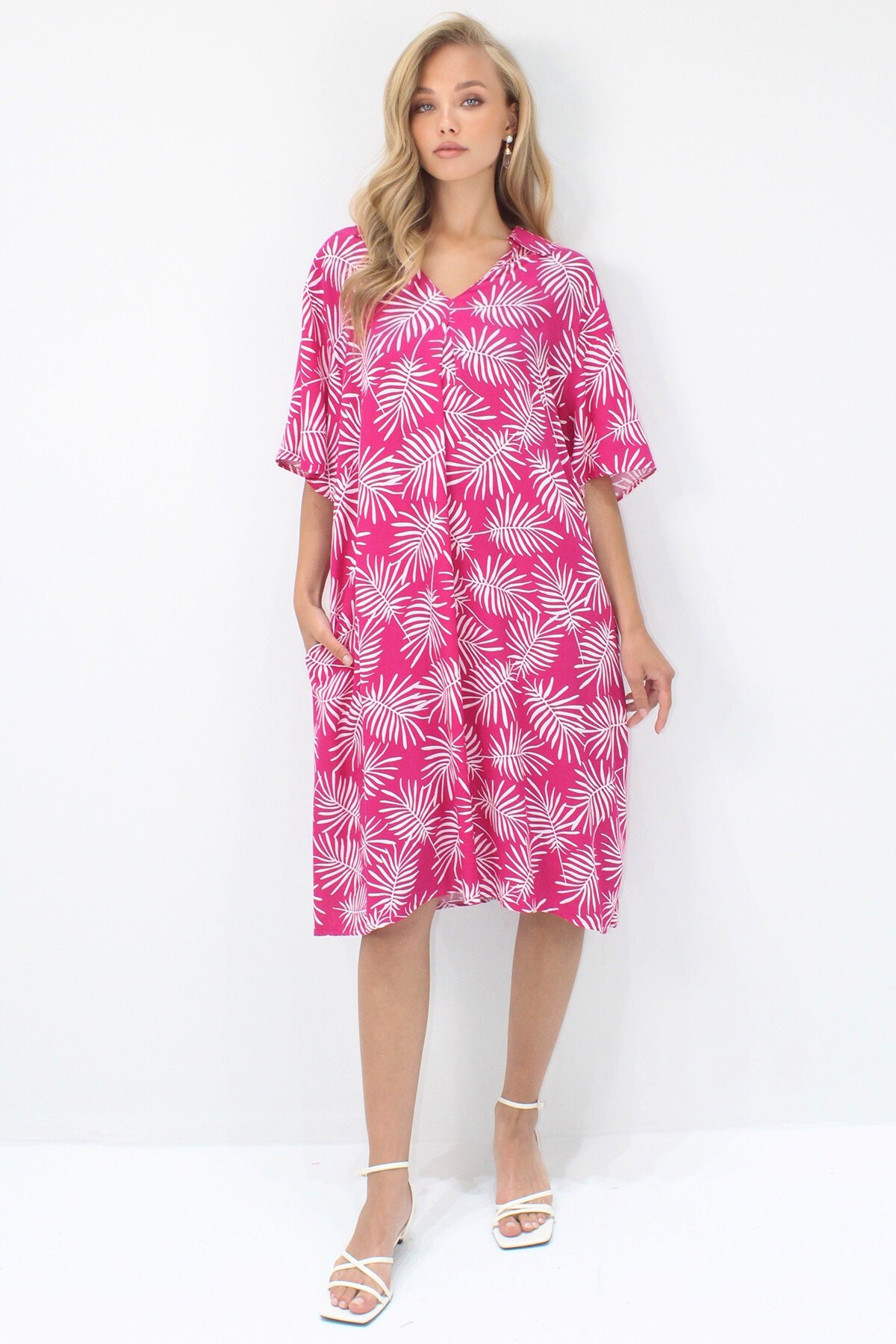 Fuşya Polo Yaka Kısa Kol Desenli Çift Cepli Dokuma Viskon Elbise