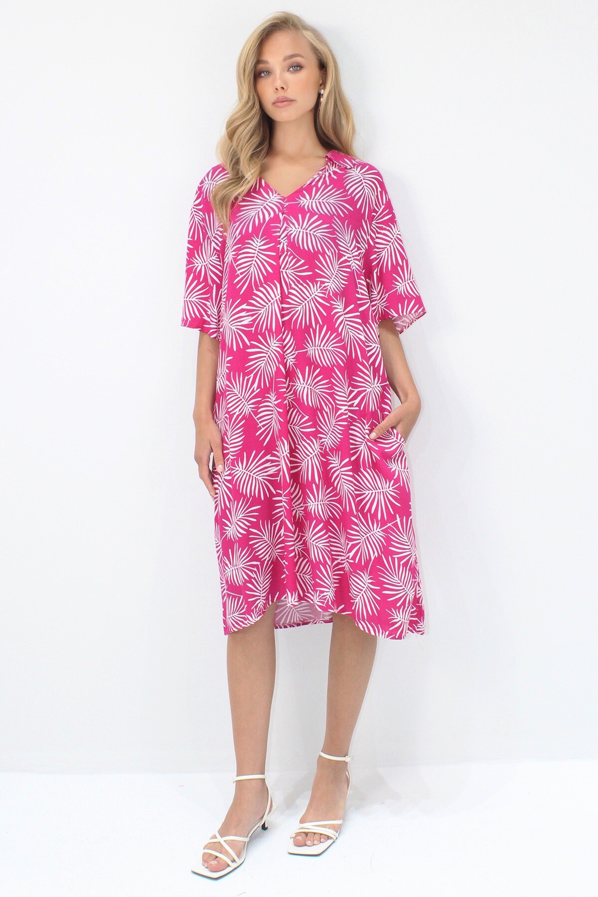 Fuşya Polo Yaka Kısa Kol Desenli Çift Cepli Dokuma Viskon Elbise