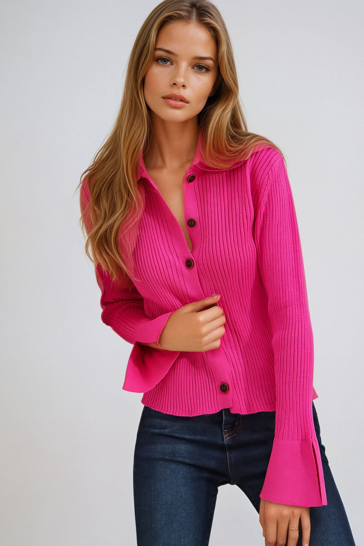 Fuşya Polo Yaka Önü Düğmeli Fitilli Kolları Balenli Triko Bluz