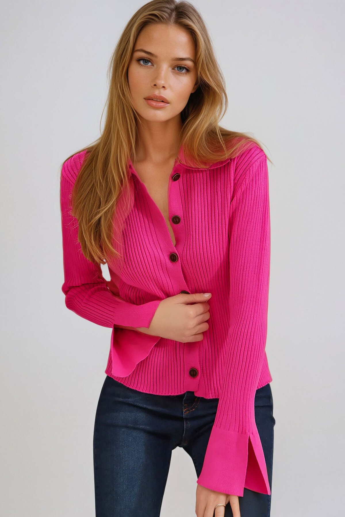 Fuşya Polo Yaka Önü Düğmeli Fitilli Kolları Balenli Triko Bluz