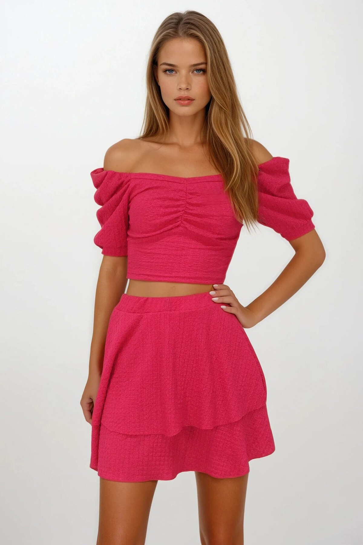 Fuşya Prenses Kol Büzgülü Bluz Ve Eteği Volanlı Bürümcük Takım