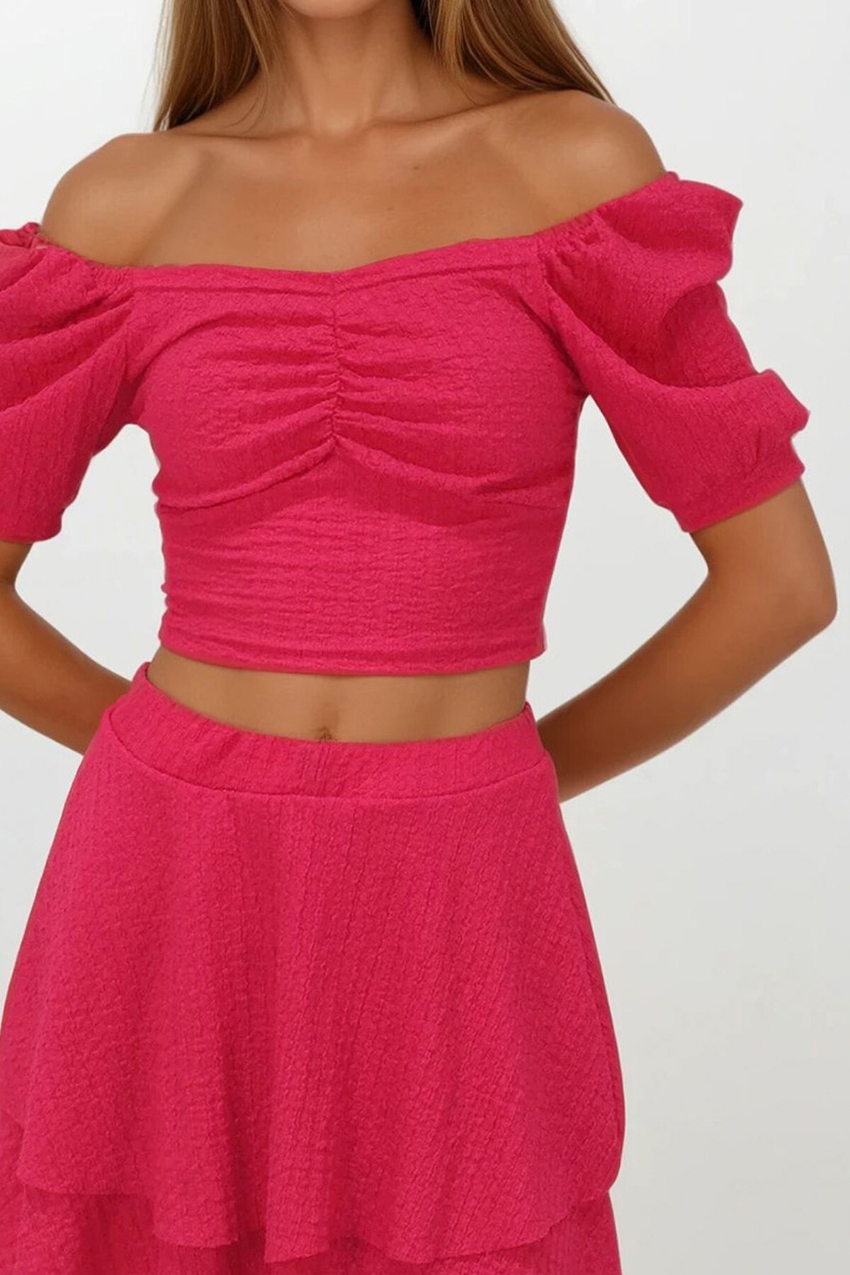 Fuşya Prenses Kol Büzgülü Bluz Ve Eteği Volanlı Bürümcük Takım