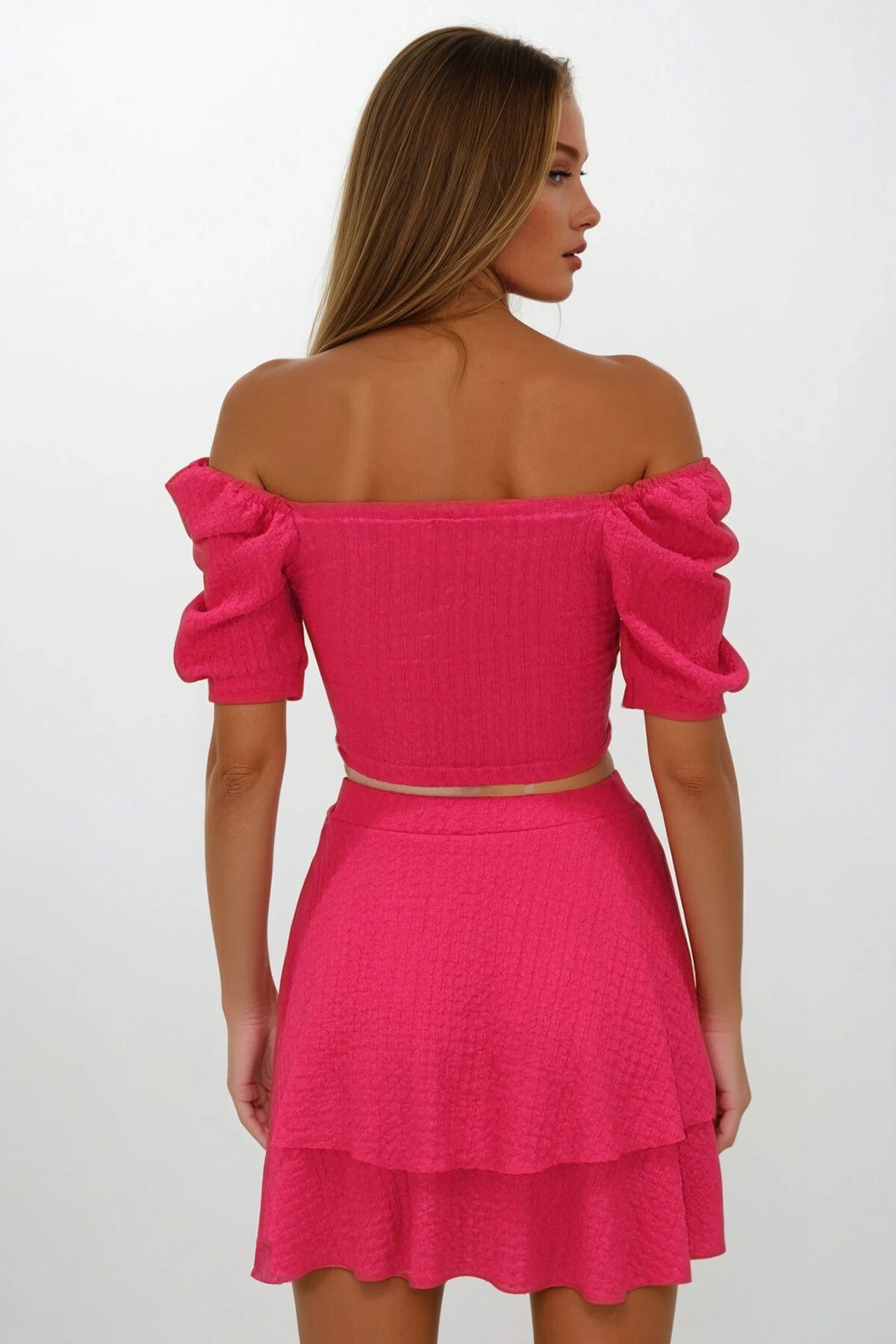 Fuşya Prenses Kol Büzgülü Bluz Ve Eteği Volanlı Bürümcük Takım