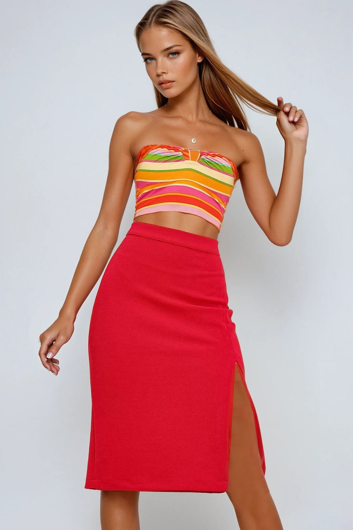 Fuşya Yırtmaçlı Arkası Fermuarlı Midiboy Etek