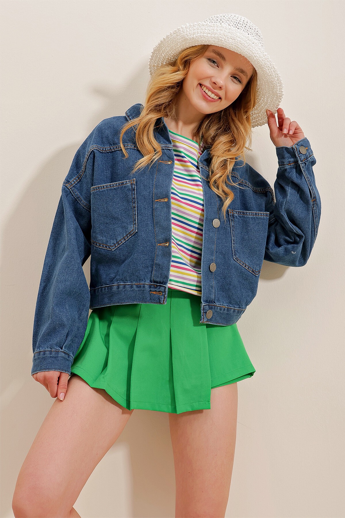 Gece Mavisi Crop Denim Ceket