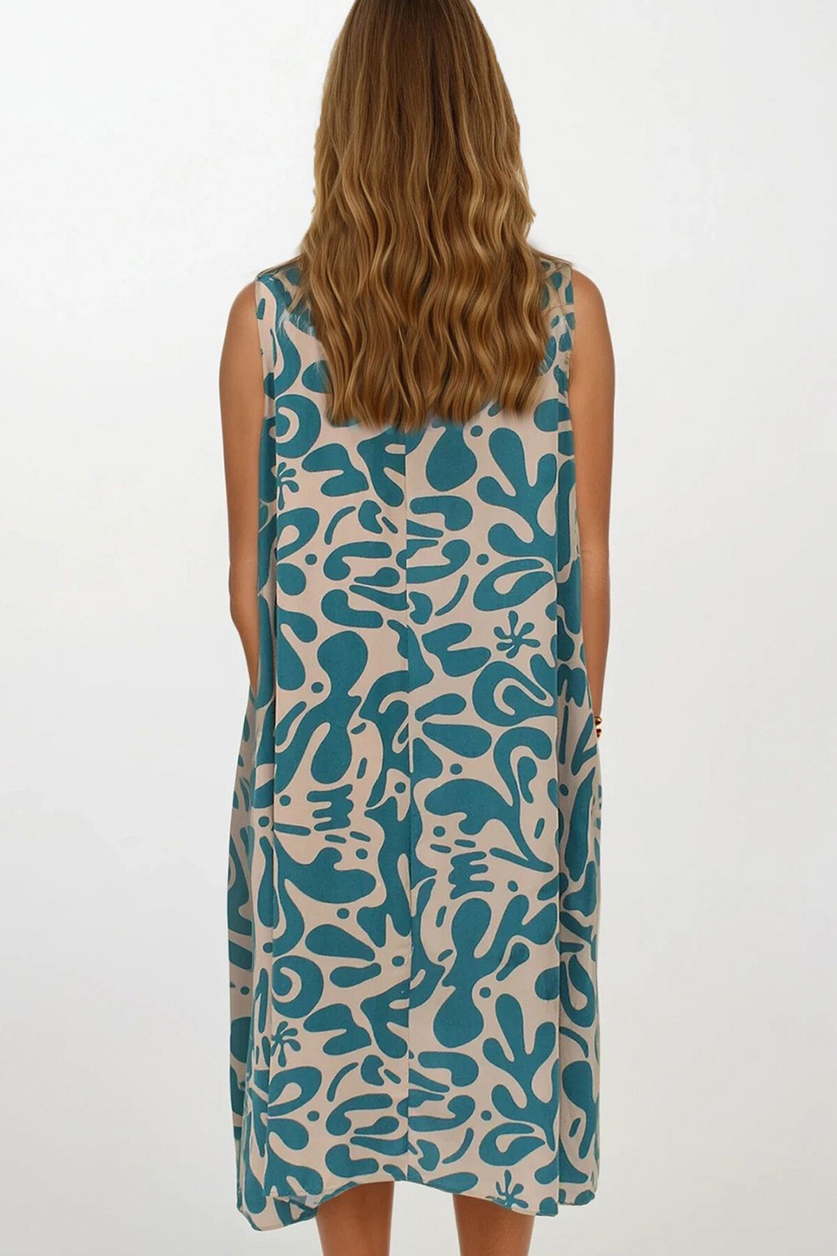 Gök Mavisi Desenli Çift Cepli Kolsuz Rahat Kesim Elbise