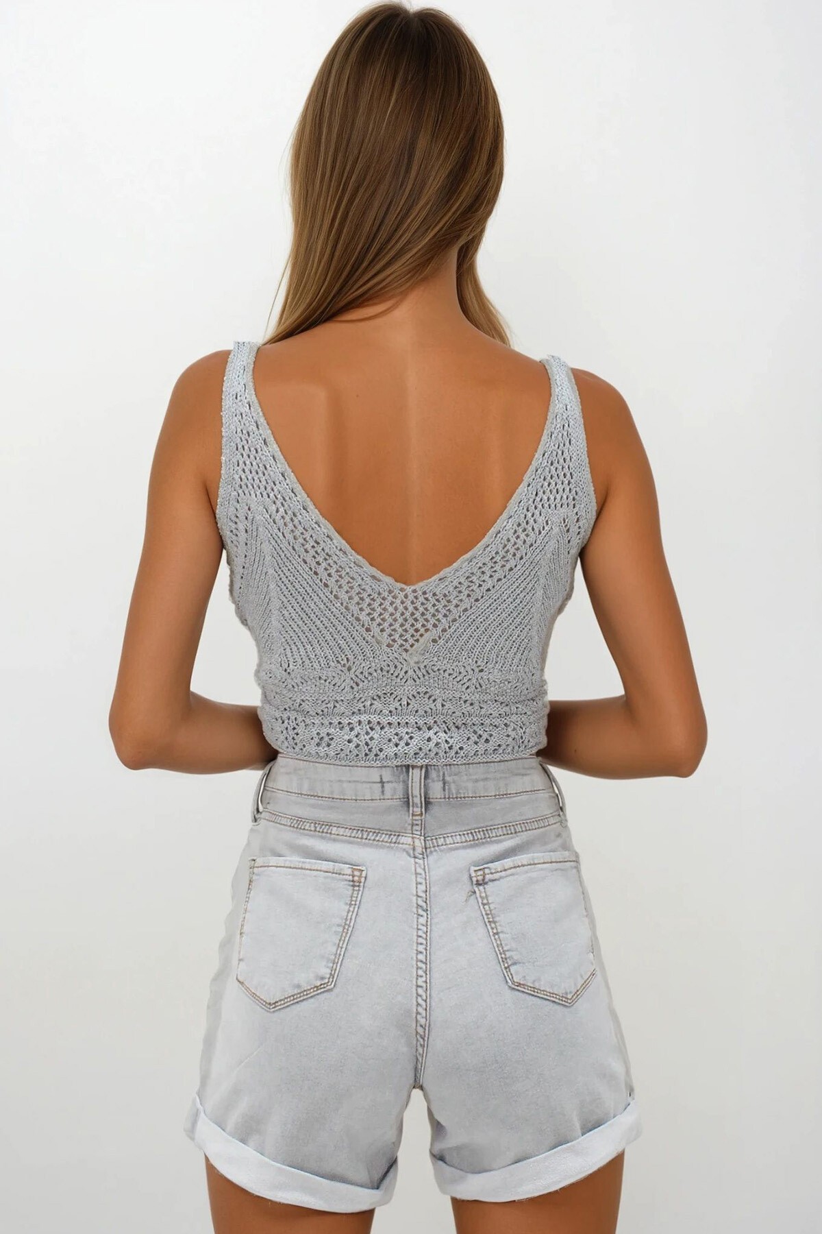 Gri 5 Cepli Double Paça Yırtık Detaylı Denim Şort