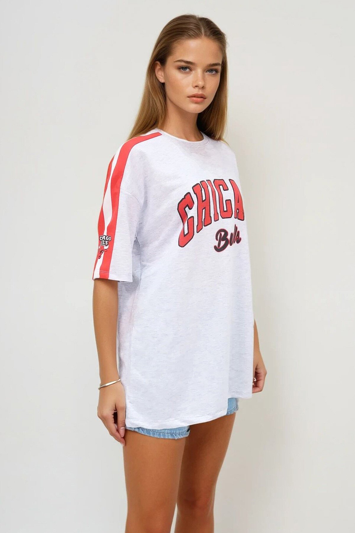 Gri Bisiklet Yaka Dijital Baskılı İki İplik Unisex Oversize T Shirt