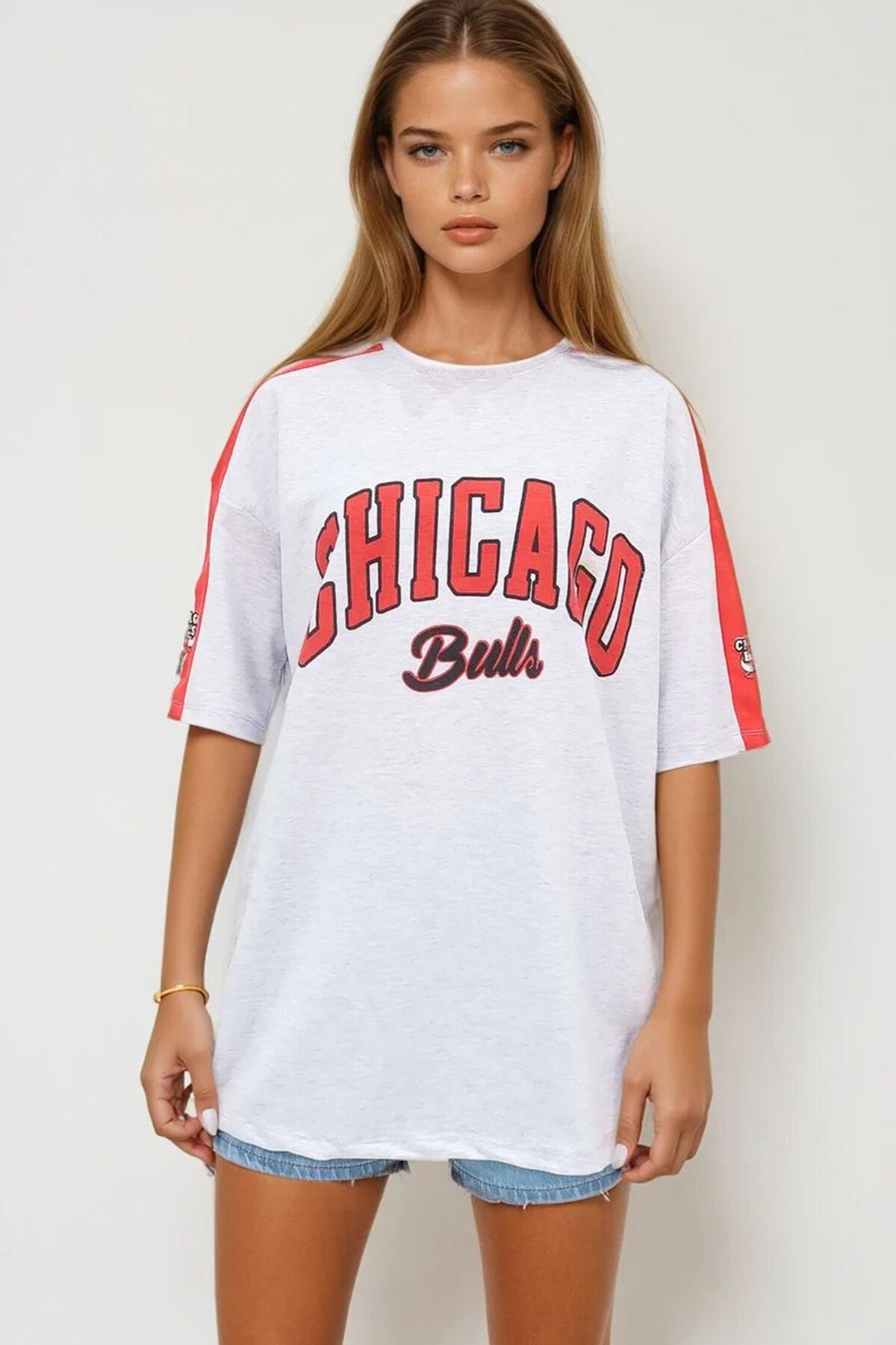 Gri Bisiklet Yaka Dijital Baskılı İki İplik Unisex Oversize T Shirt