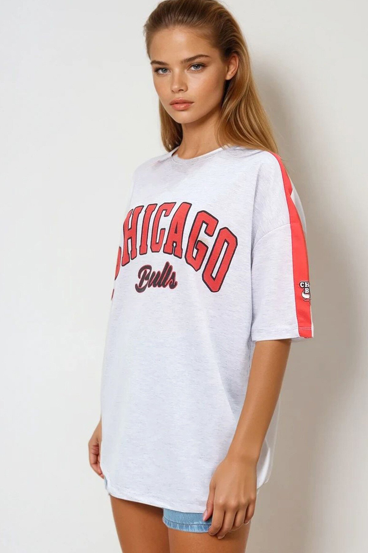 Gri Bisiklet Yaka Dijital Baskılı İki İplik Unisex Oversize T Shirt