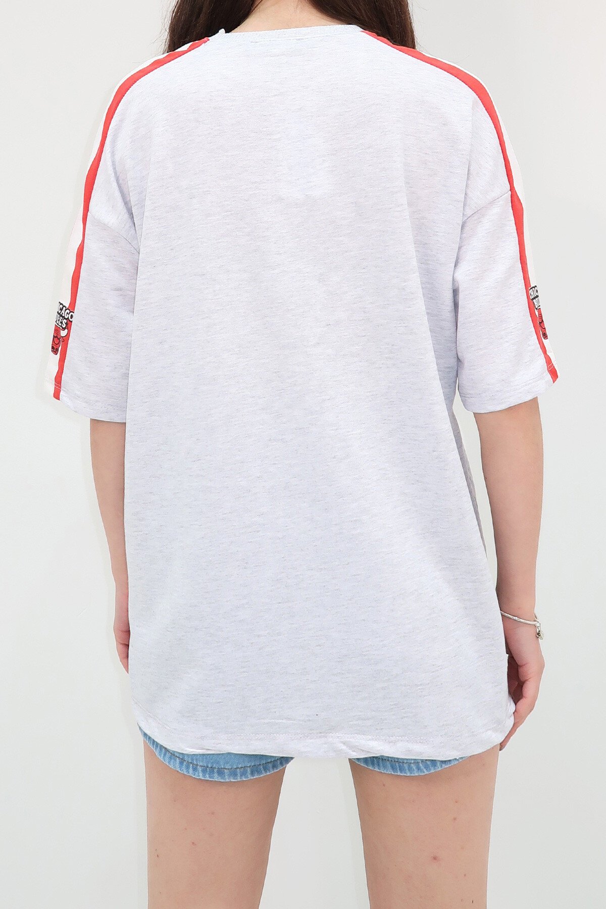 Gri Bisiklet Yaka Dijital Baskılı İki İplik Unisex Oversize T Shirt