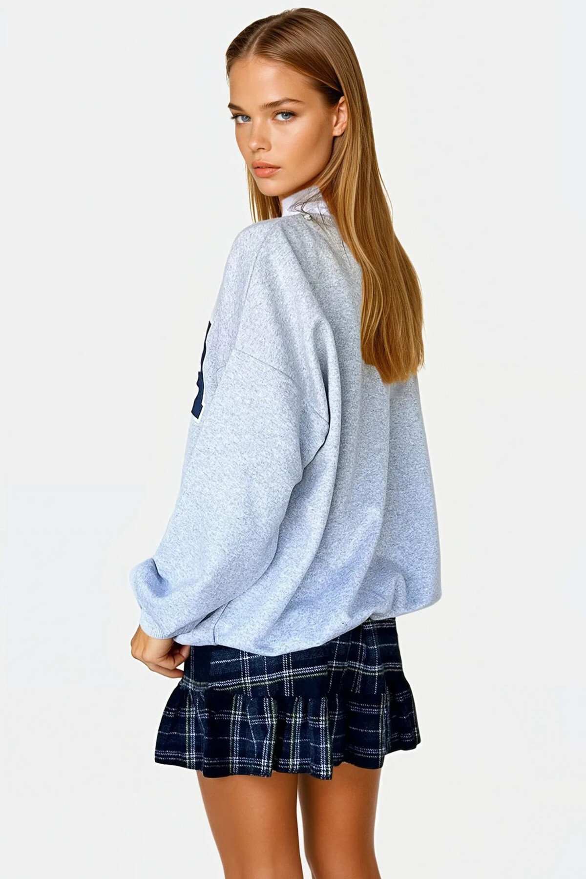 Gri Bisiklet Yaka İçi Şardonlu Önü Baskılı Oversize Sweatshirt