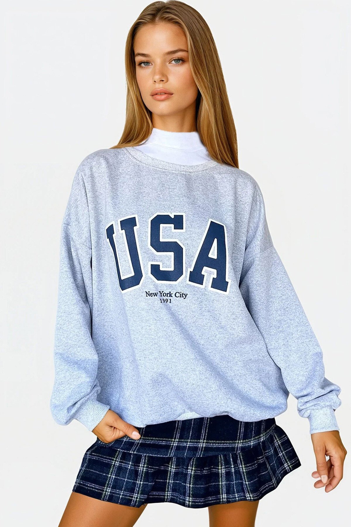 Gri Bisiklet Yaka İçi Şardonlu Önü Baskılı Oversize Sweatshirt