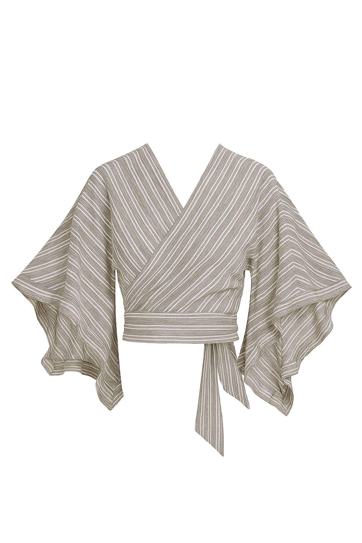 Gri Çizgili Kolları Fırfırlı Keten Crop Dokuma Bluz