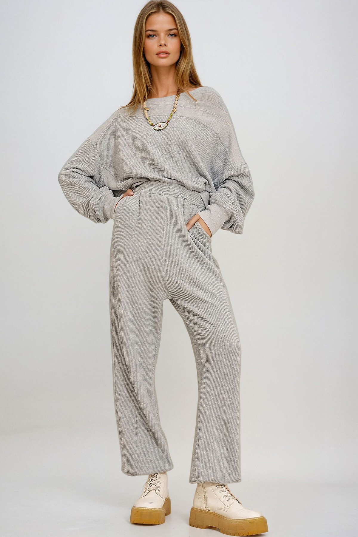 Gri Mavi Çift Cepli Beli Ve Paçası Lastikli Jogging Dokulu Pantolon