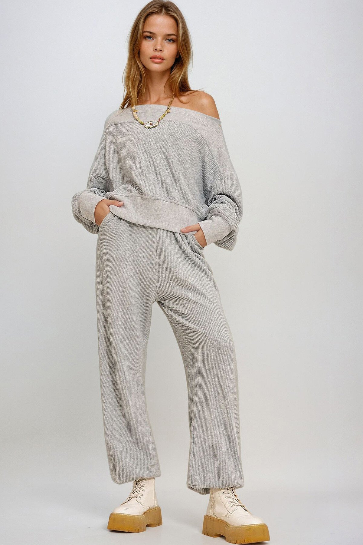 Gri Mavi Çift Cepli Beli Ve Paçası Lastikli Jogging Dokulu Pantolon