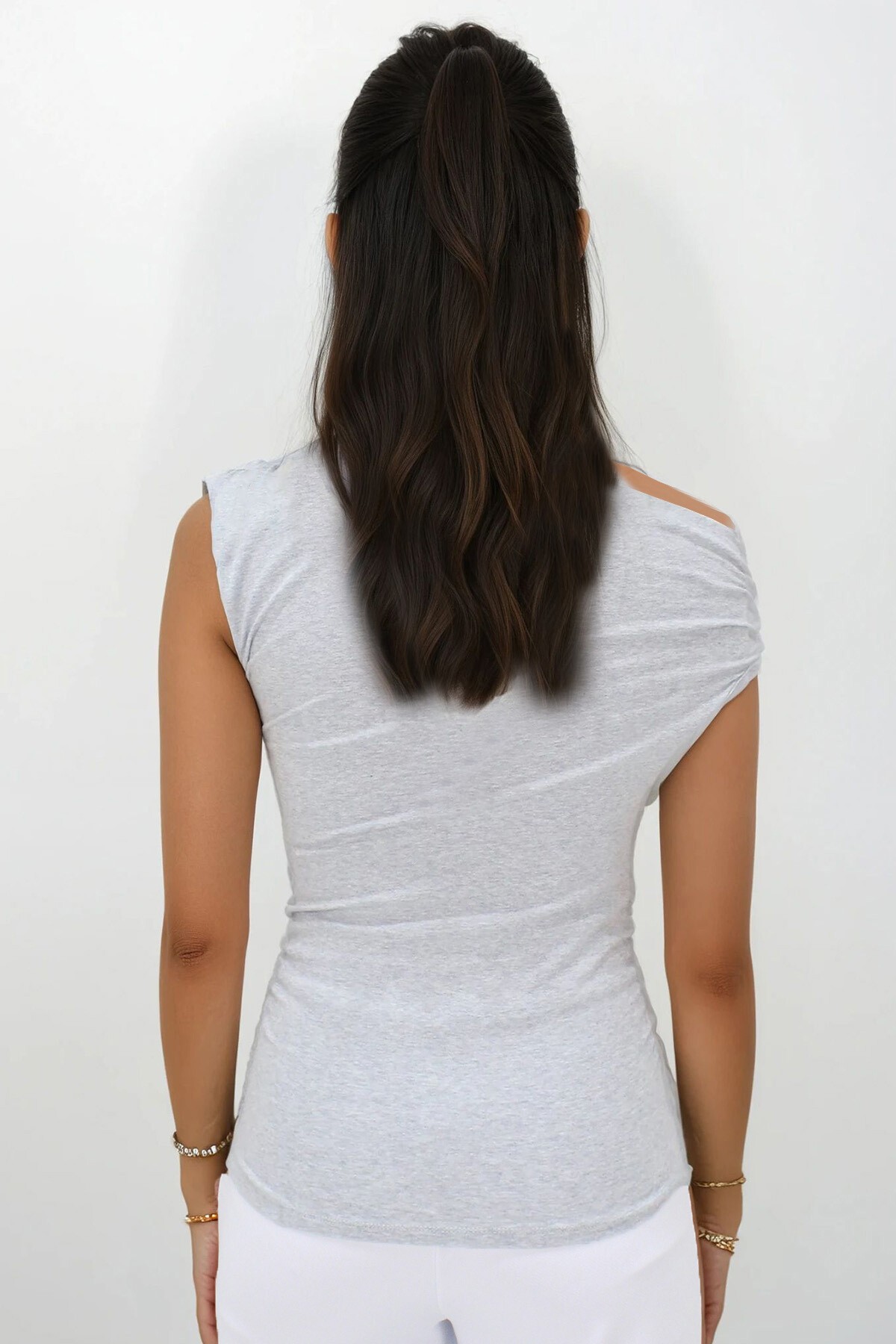 Gri Omuzu Büzgülü Viscon Örme Bluz