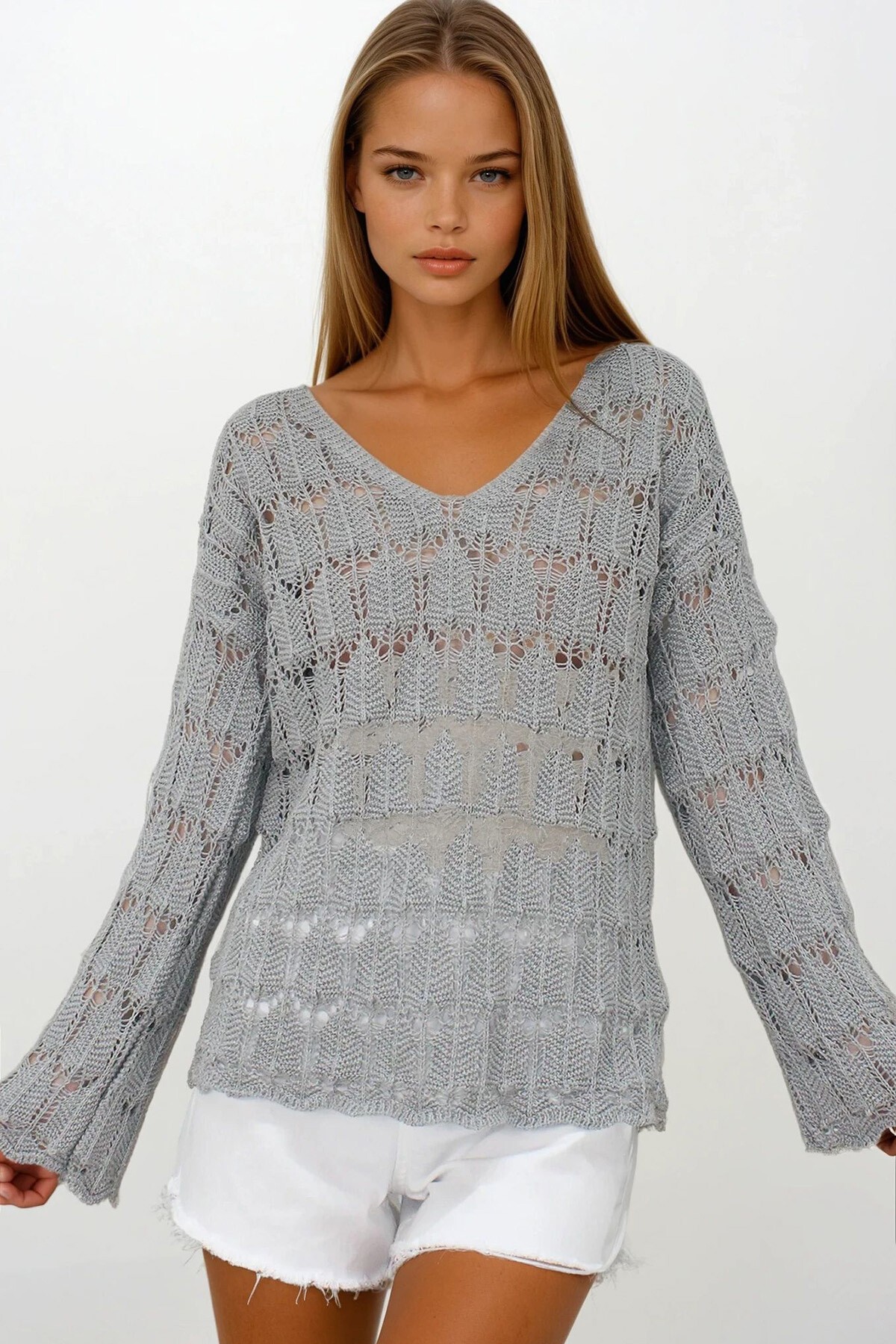 Gri V Yaka Ajurlu Bluz