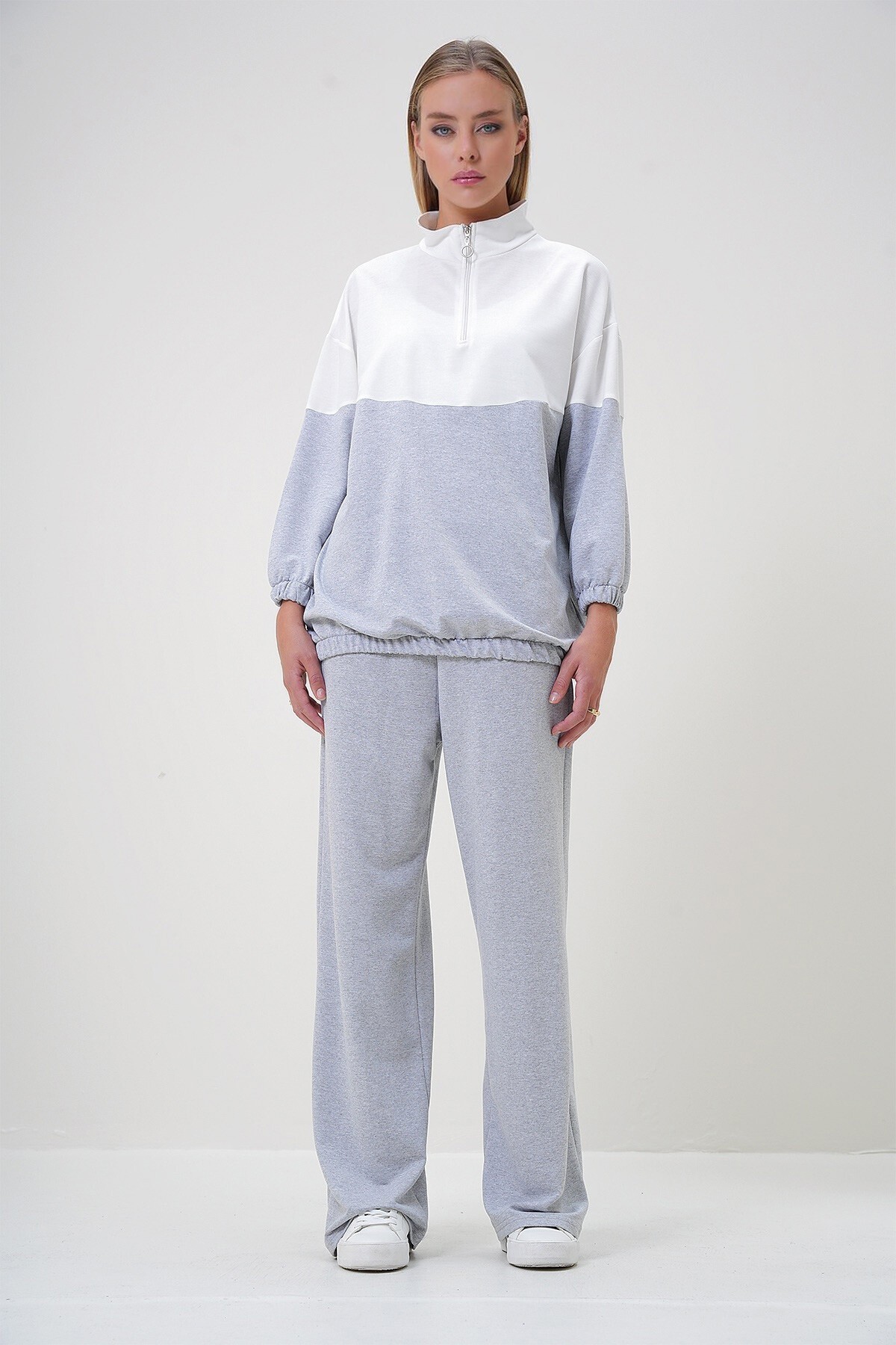 Grimelanj Dik Yaka Fermuarlı Renk Bloklu İki İplik Alt-Üst Takım